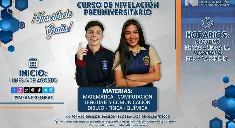 Politécnico Santiago Mariño abre inscripciones gratuitas para el Curso de Nivelación Preuniversitaria
